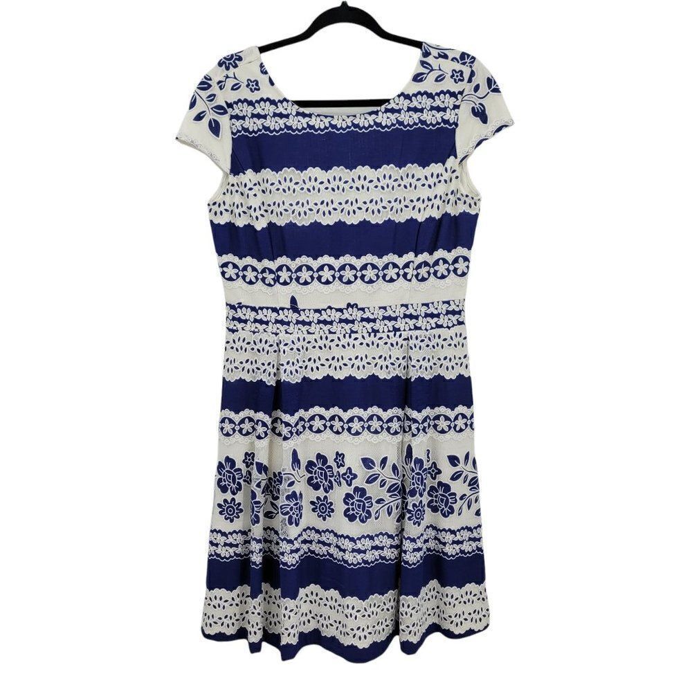 Daniel Cremieux Dress Eyelet Lace Applique Cap Sleeve‎ Full Tea Length Blue Sz 8